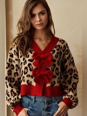 Lovlov Animal Print Knit Cardigan with Bow Front Details in Leopard/Red